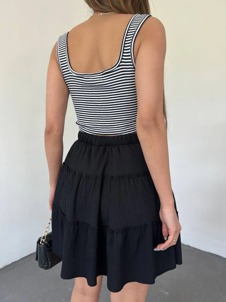 Parça Kumaş Beli Lastikli Şortlu Etek - Siyah