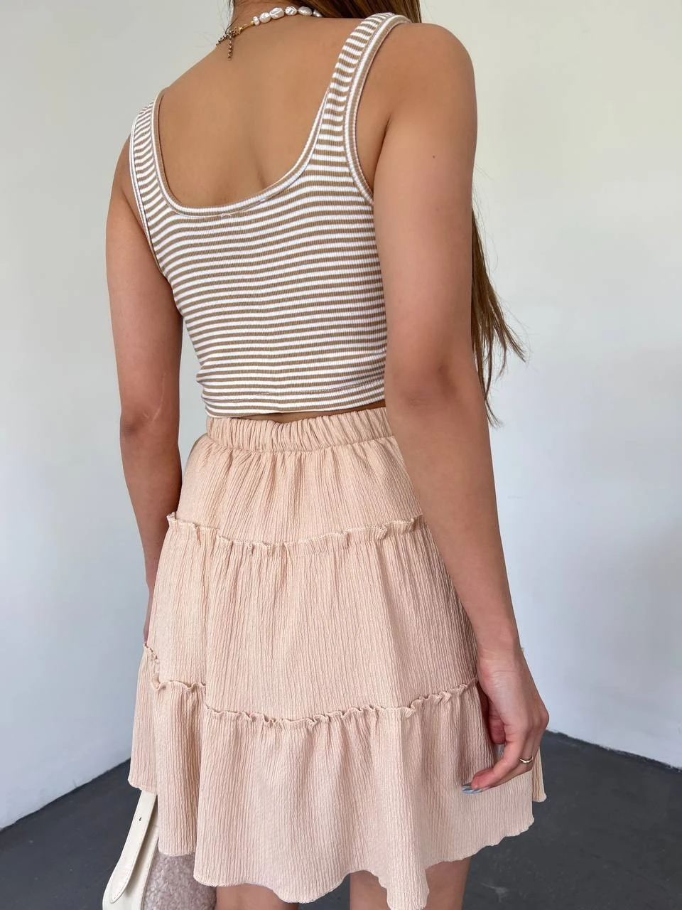 Parça Kumaş Beli Lastikli Şortlu Etek - Bej