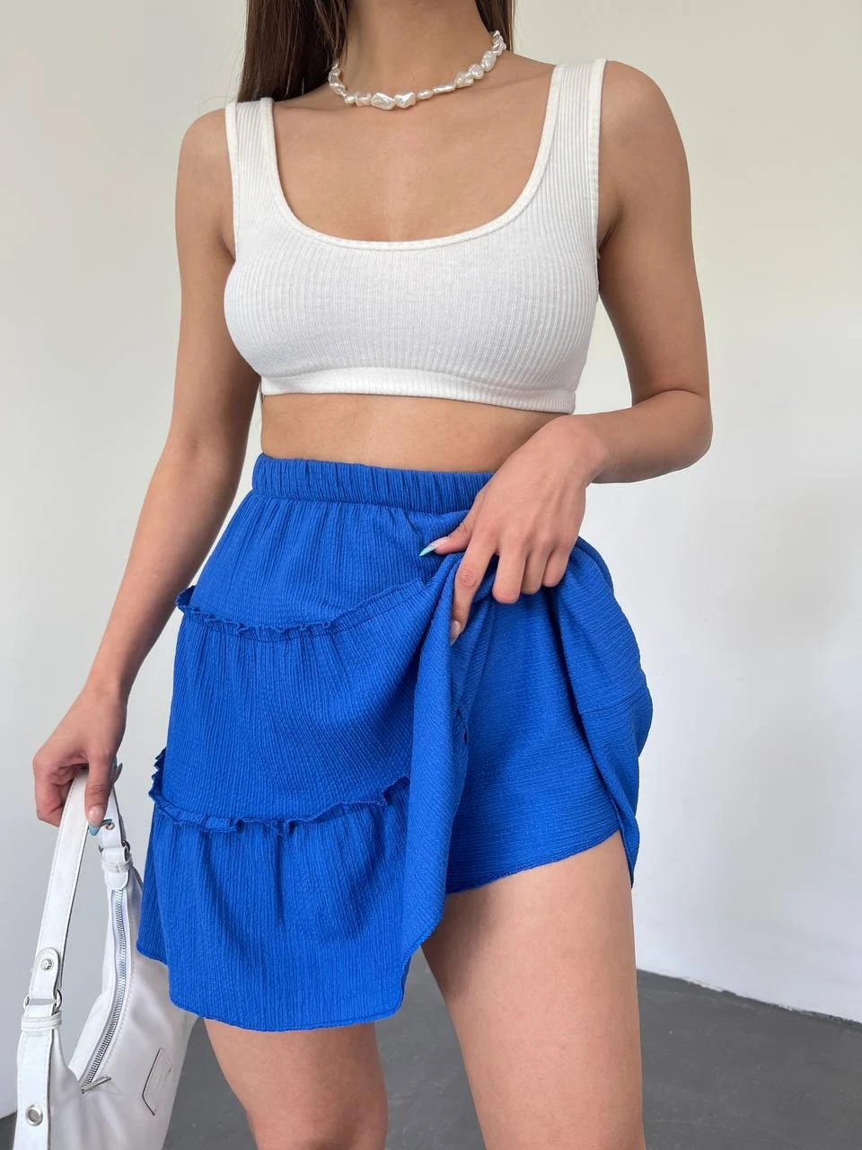 Parça Kumaş Beli Lastikli Şortlu Etek - Mavi