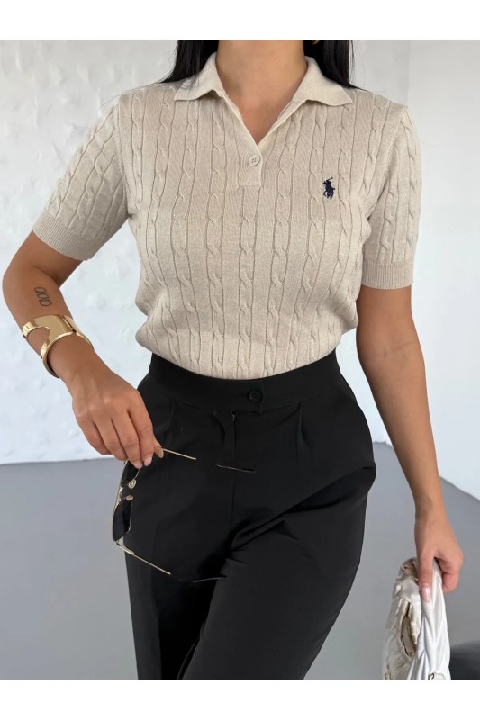 Kadın Polo Yaka Saç Örgü T-Shirt