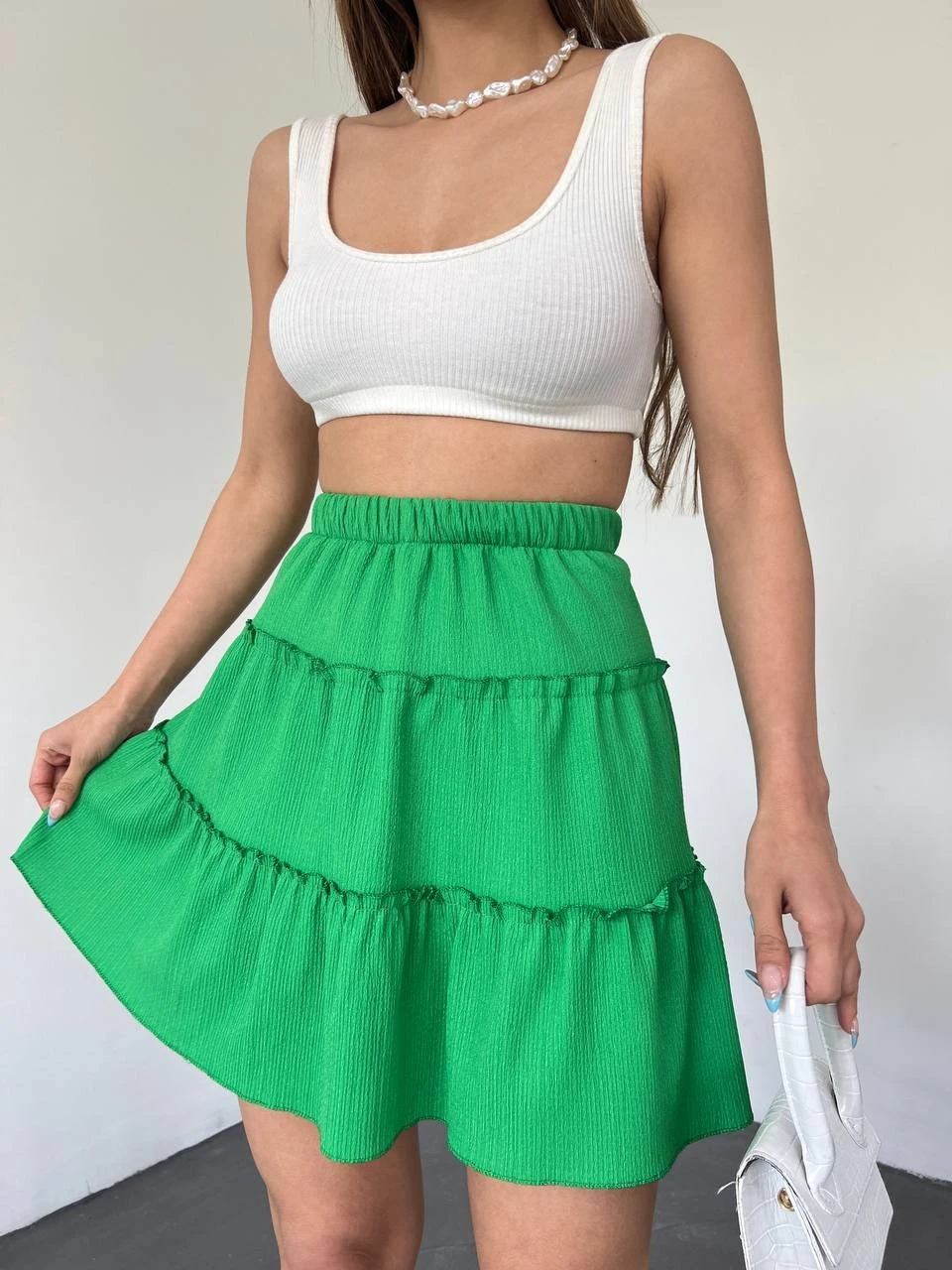 Parça Kumaş Beli Lastikli Şortlu Etek - Yeşil