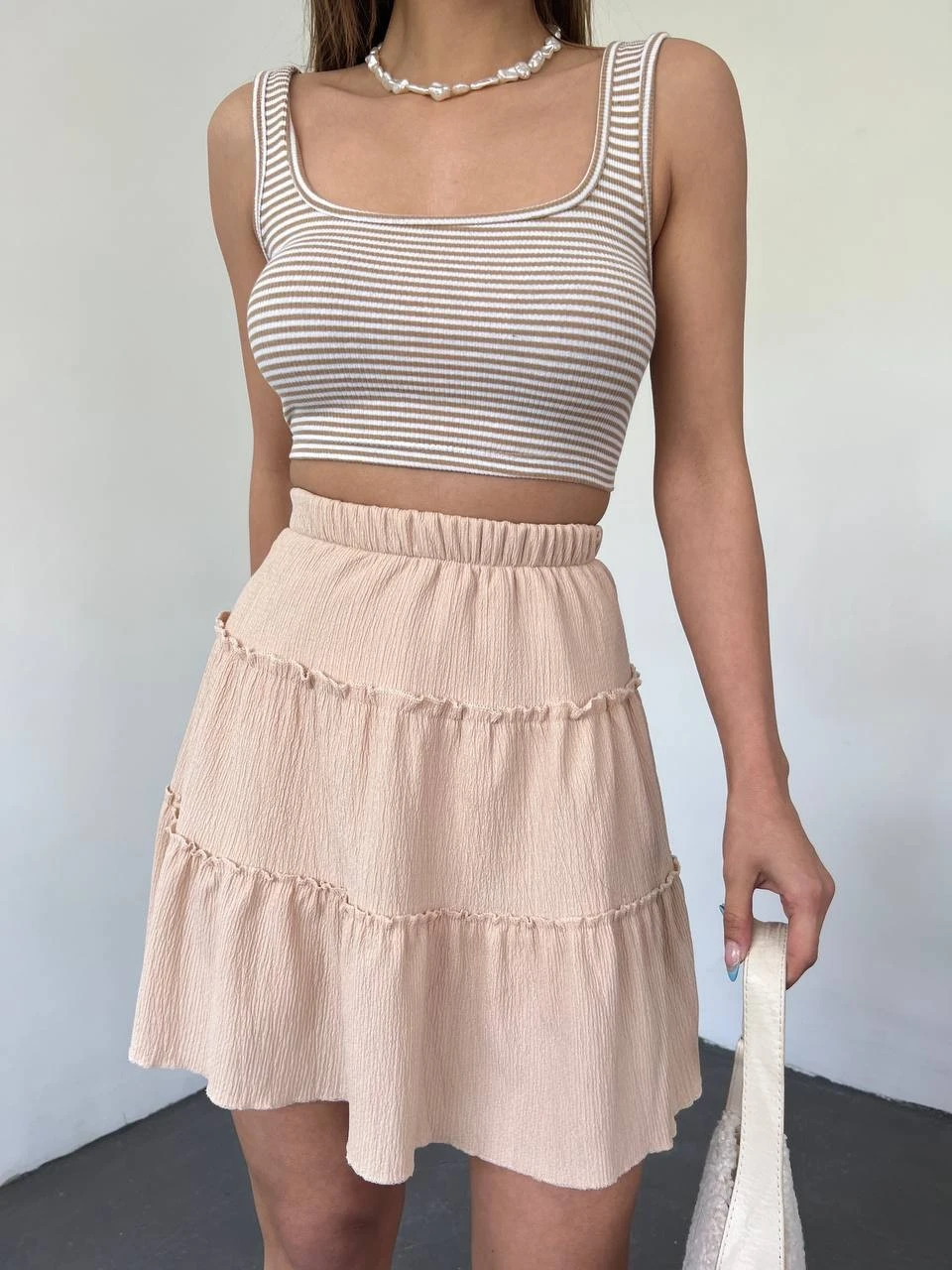 Parça Kumaş Beli Lastikli Şortlu Etek - Bej