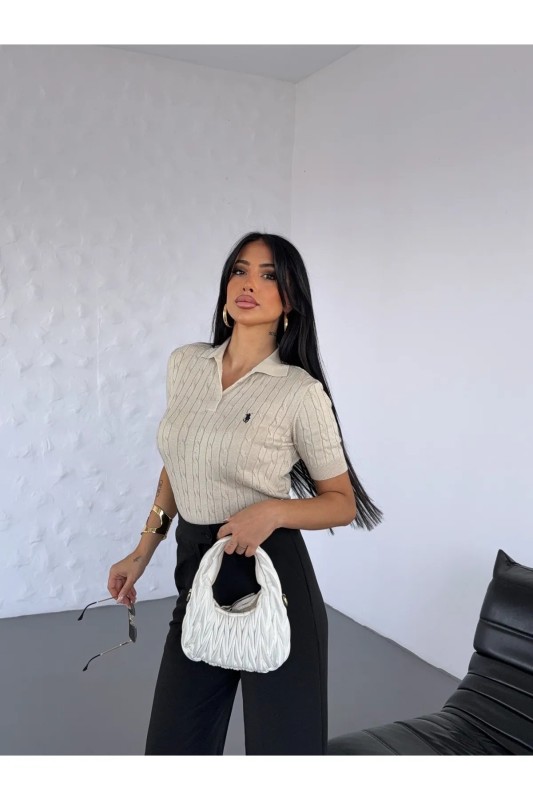 Kadın Polo Yaka Saç Örgü T-Shirt
